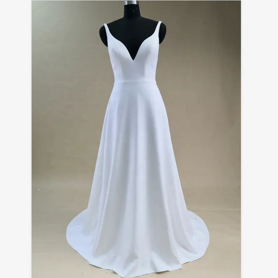 Factory cheap price simple crepe satin Ivory A-Line sleeveless deep v neck wedding dress