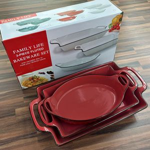 Family Life 3-Piece Fluted <b>Bakeware</b> <b>Set</b> Red Ceramic Oven Safe Baking Dishes for Home Cooking and Gifting - Product Image 1