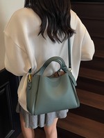 Tas dan Dompet Wanita Bergaya Vintage Musim Dingin, Tas Tote Kulit PU Litchi, Tas Selempang Pegangan Atas