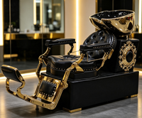 Fauteuils de lavage de cheveux de salon inclinables de luxe, vintage, en cuir capitonné, avec armoire sculptée dorée et lavabo en céramique dorée