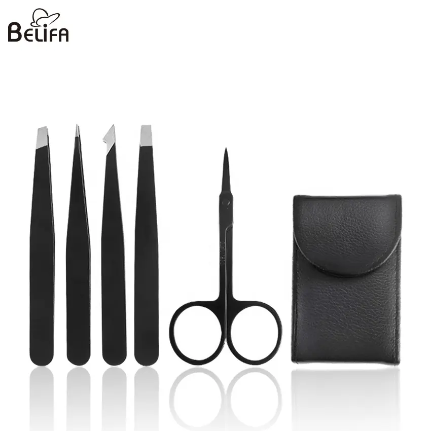 Belifa 5 Pcs Wimpers Pincet Sets Rvs Wimper Pincet Set Beauty Tools Wimpers Pincet Met Leather Case