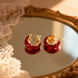 Hot Selling 925 Sterling Silver Red Enamel Hoop Earrings with Golden Lines Outline Vintage Style Fashion Jewelry for Women