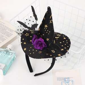 Chapeau de sorcière noire bandeau d'halloween avec chauve-souris Rose lune et étoile motif fantaisie pièce de <span class=keywords><strong>tête</strong></span> pour adulte enfants fête carnaval - Product Image 2