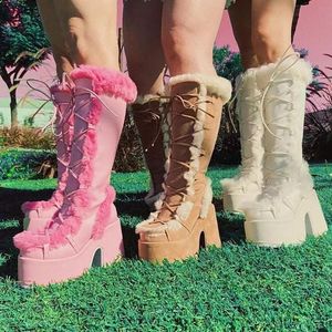 Plus Size Fuzzy Botas Dama Roman Style Women Knee Height Platform Chunky Heel Fur <b>Boots</b> for Women - Product Image 2