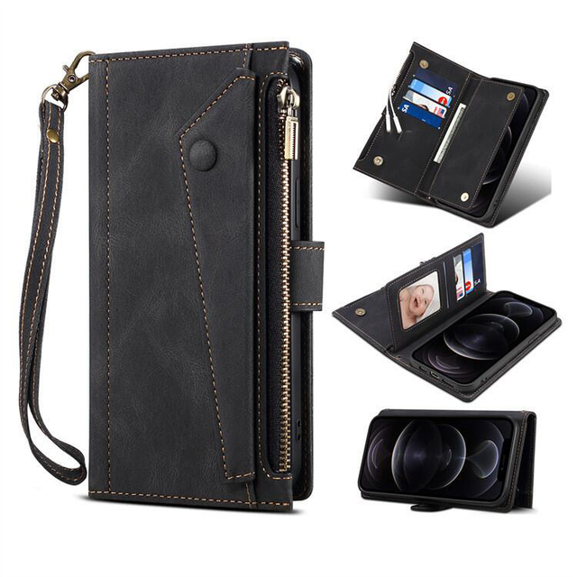 Premium Zipper Wallet Leather Case for iPhone 13 Pro Max 12 12 Pro X Xs Max 11 Pro  Crossbody Flip Stand Phone Cover
