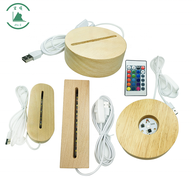 Factory Direct LED 3D Wood Light Base Stand Crystal Glass Night Light Display with USB Cable Novelty Gift