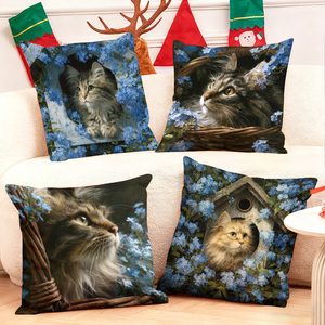 Bantal hias liburan yang nyaman dengan motif kucing lucu di bunga-bunga biru menghiasi sofa ruang tamu, dekorasi Natal yang meriah. - Product Image 1