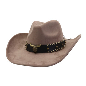 Chapeaux de cowboy occidentaux SU32, chapeaux de cowboy à large bord, chapeaux de cowboy unisexes en daim avec décoration de bande de tête de taureau pour l'extérieur - Product Image 4