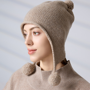 Women's Knit Earflap Hat With Pom Poms Solid Color Beige Winter Outdoor Casual Style Knitted 100% Merino <b>Wool</b> <b>Beanie</b> - Product Image 3