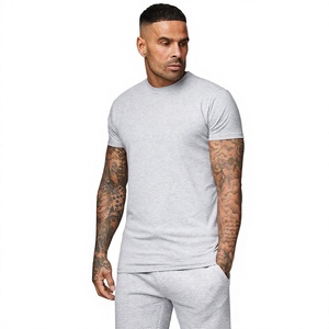 Camiseta de Manga Corta para Hombre, Corte Ajustado, Cuello Redondo, Color Gris Sólido, Algodón Jersey, Informal, Transpirable, Diseño Liso Teñido - Product Image 1