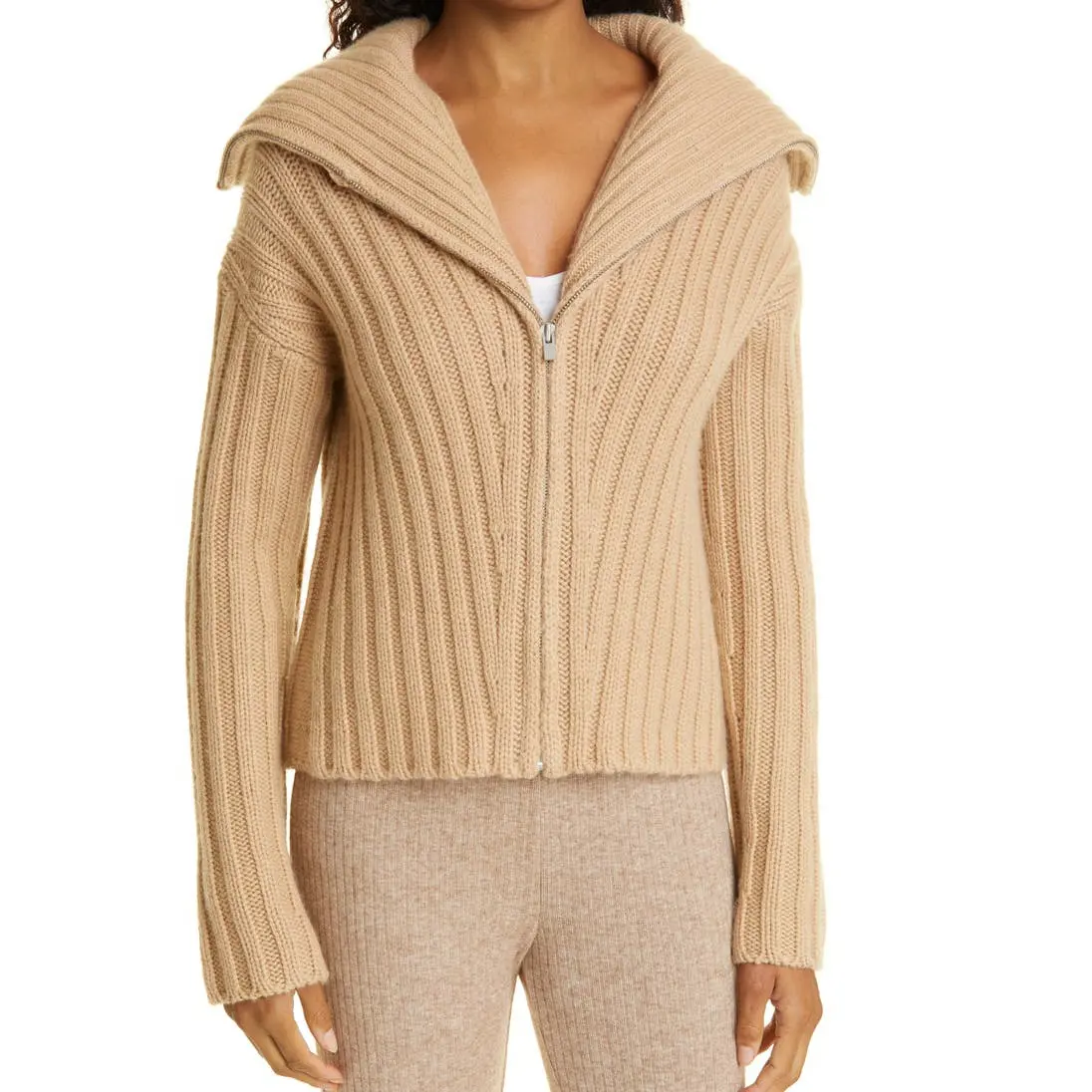 AOPU Brown Warm Vintage Sweater Top Wool Viscose Zipper Women Cardigan Sweater