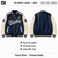 Blouson universitaire personnalisé bleu marine et crème en cuir PU végétalien avec patch tissé à motif script, col côtelé rayé, fermeture éclair intégrale pour fabricants OEM ODM de marques