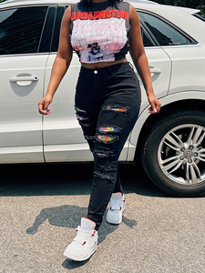 Jeans skinny déchirés pour femmes rondes, en denim noir extensible, avec imprimé arc-en-ciel sous les déchirures, taille plus, pantalon streetwear - Product Image 2