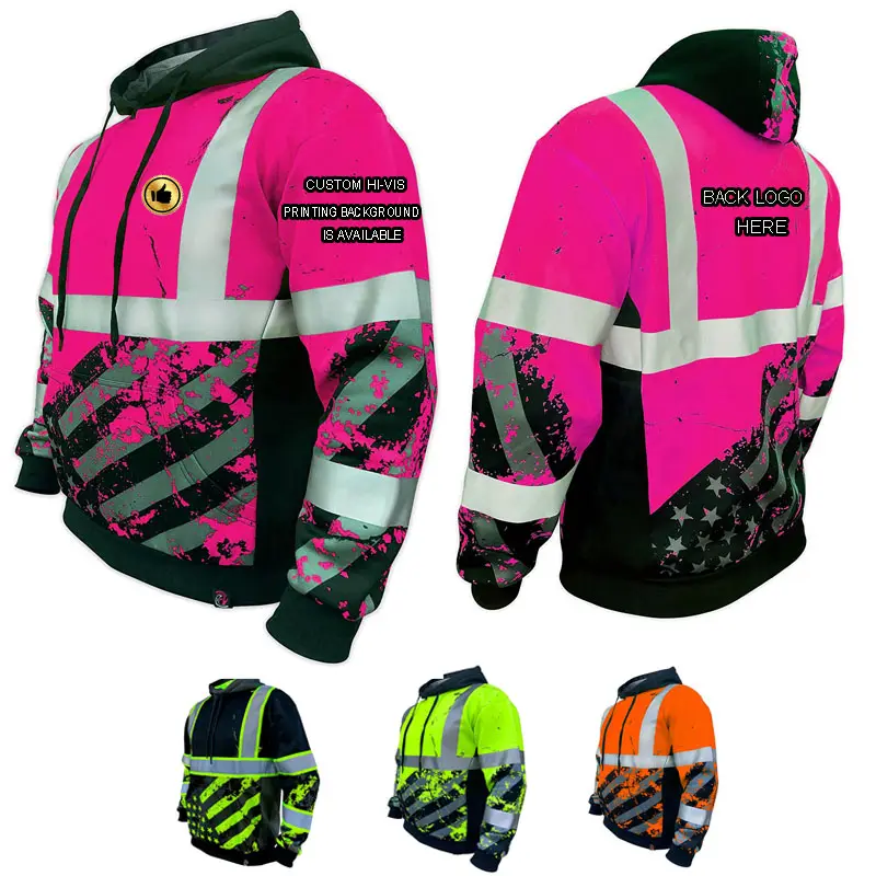 Safety Jacket Pink Hoodie ANSI Class 3 Reflective Safety Jacket Construction Clothing High Visibility Hooded Jackets Sweatshirt