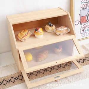 Boîte à pain en bois avec couvercle en verre, double compartiment, rangement de cuisine pour pâtisseries et pains - Product Image 3