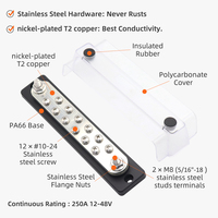 Barre de distribution robuste 250A en cuivre T2 nickelé, 2+12 bornes M8 en acier inoxydable pour système solaire, camping-car, camion, bateau