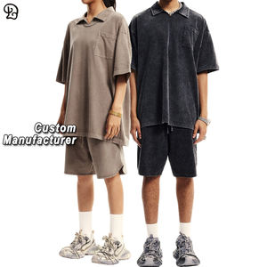 Ensemble Polo et Short Unisexe Lavé Col Polo <span class=keywords><strong>Homme</strong></span> Grande Taille Décontracté Été 2 Pièces <span class=keywords><strong>Tenue</strong></span> Ample Streetwear <span class=keywords><strong>Vintage</strong></span> Vêtement de Sport - Product Image 1