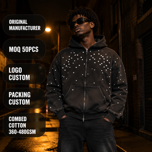 Sweat à capuche zippé pour homme en molleton de coton noir délavé, épais 400 GSM, avec clous, effet vieilli et graphisme vintage, style streetwear - Product Image 1