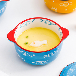 ชามเซรามิกเคลือบเงาแบบมีหูจับสองข้างสำหรับใส่ไข่ตุ๋น/ข้าว พร้อมฝาปิด ใช้กับไมโครเวฟได้ ดีไซน์น่ารักสำหรับเด็ก - Product Image 4