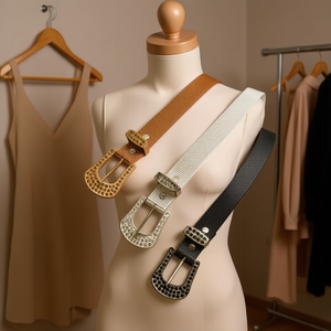 Cintura in Pelle con Mezza Fibbia Marca Z 2,8 cm 105 cm Accessorio Moda con Strass per Donne - Product Image 4