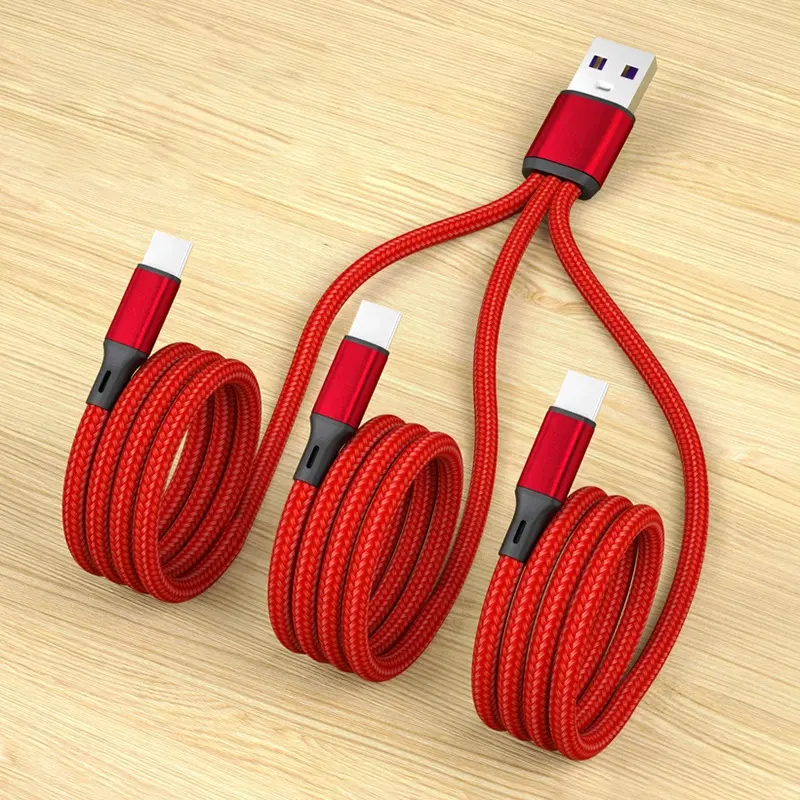 Kabel pengisi daya ponsel Multi, nilon jalinan Universal 3 in 1 dengan USB C mikro USB dan untuk iPhone