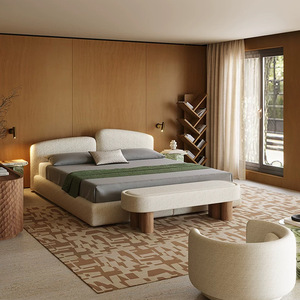 Letto matrimoniale moderno in stile italiano, grande, in tessuto di cotone e lino, minimalista di metà secolo, con struttura in legno di quercia, morbido, 1 anno di garanzia - Product Image 3