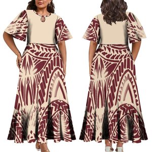 Abito Samoano da Donna Taglie Forti con Design Tribale Polinesiano Personalizzato, Maniche a Metà Lunghezza, Vestito Lungo Plissettato - Product Image 3