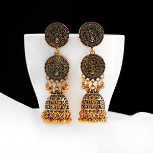भारत ऑक्सीकरण सोने चांदी मढ़वाया मनके Chandbali घंटी Jhumki कान की बाली आभूषण जातीय Boho घंटी लटकन लटकना कान की बाली - Product Image 6