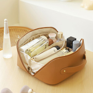 Customized Organizer Beauty Pouch Pu Leather Open Flat Cosmetic Pillow Makeup Storage Travel <b>Toiletry</b> <b>Bag</b> With Gold Zipper - Product Image 4