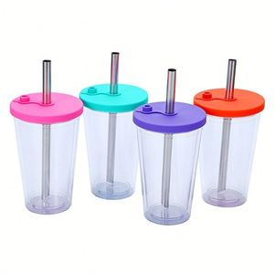 Portable 16oz Double Layer AS Straw Tumbler With Metal Straw Dishwasher Safe & <b>Reusable</b> Colorful Travel <b>Cup</b> - Product Image 2