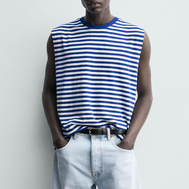 Wholesale Blue White Striped Mens Casual T-shirts Custom Brand Logo Heavyweight Cotton Jersey Tees Clothing Manufacturer OEM ODM