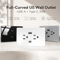 Prise murale USB-C standard américaine 6 ports 10A 20W à charge rapide, panneau en verre trempé blanc, noir, gris pour maison et hôtel