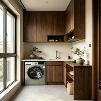 Meuble de buanderie haut de gamme en noyer sur mesure avec étagères ouvertes pour le rangement du thé, idéal pour les espaces de balcon