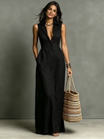 Robe d'été décontractée mi-longue pour femmes, sans manches, col rabattu, couleur unie, coupe ample, tenue de plage bohème à la mode