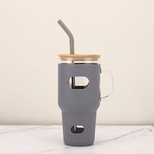 Gobelet de voyage en verre borosilicate de haute qualité avec manchon en silicone, poignée, couvercle en bambou et paille, 32oz 960ml - Product Image 3