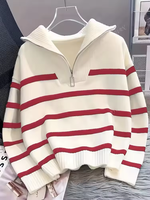 Pull en maille rayé à col rond pour femme, respirant, anti-plis, épaules tombantes, ourlet côtelé, coupe classique, décontracté, style preppy, automne