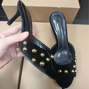 Faux Suede Sandals with Rivet Embellishments Slip-On <b>Open</b> <b>Back</b> Women Stiletto Heels Sandals Mule <b>Shoes</b> for Ladies - Product Image 2