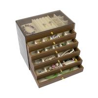 Boîte de rangement à bijoux multi-niveaux de luxe avec finition grain de noyer, couvercle anti-poussière transparent et tiroirs de grande capacité pour la vente au détail