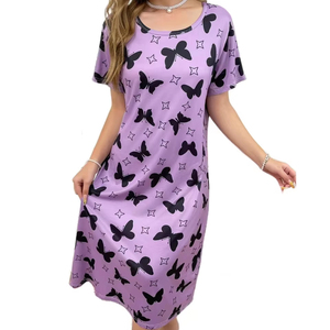 Pabrik langsung wanita kasual satu potong piyama kupu-kupu cetak T-Shirt gaya baju gaun longgar pendek rajut musim gugur musim semi - Product Image 1