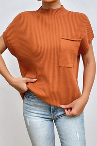 <span class=keywords><strong>Pull</strong></span> fileté simple et polyvalent à <span class=keywords><strong>manches</strong></span> <span class=keywords><strong>courtes</strong></span> et à <span class=keywords><strong>col</strong></span> haut de couleur unie pour femmes - Product Image 5