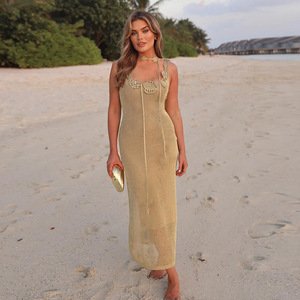 Gaun Maxi Rajut Wanita Warna Solid, Pakaian Pantai Seksi, Model Bungkus, Kasual Musim Panas - Product Image 2