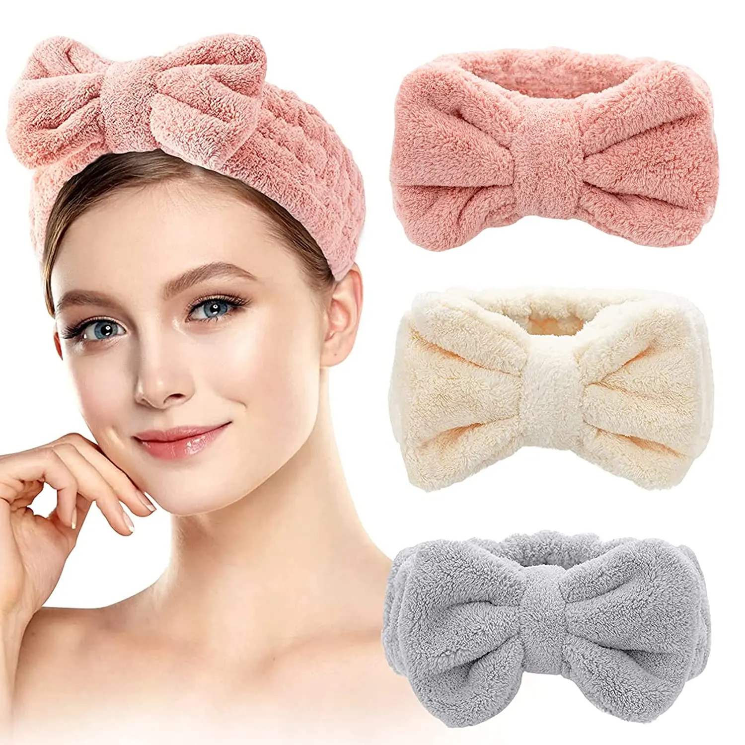 Customize Large Size Pink Coral Fleece Bow Tie Head Band For Women Facial Spa Shower Headband