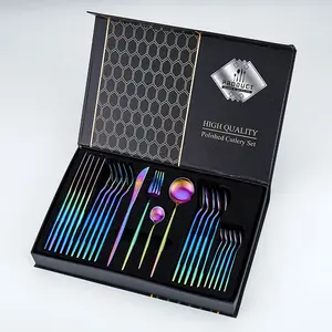 Set for 24 Black Plated 1810 Rainbow Eco-Friendly Stainless Steel Flatware For Wedding