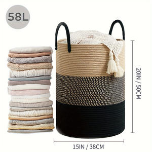 Paniers de rangement pliables en corde de coton tressée faits <span class=keywords><strong>à</strong></span> la main de grande capacité pour vêtements sales et aliments, avec poignée - Product Image 3
