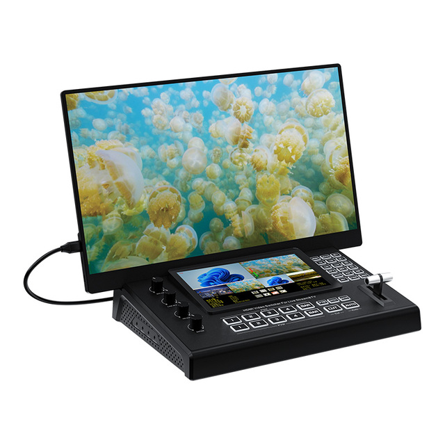 Built-in 7-inch Screen 4 Way HDTV Video Switcher for Live Streaming Switcher Multi-Channel Control for Radio TV Broadcasting