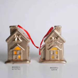 Hand painted Vintage Ceramic House Bell Ornament Christmas Village with Box, Gold gifts & crafts