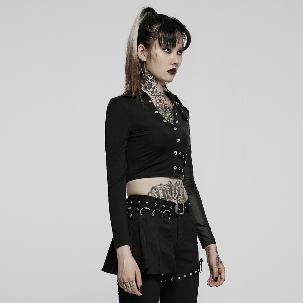 Punk Rave WT-721DQF Elastic Slim Fit Double Color Spliced V Neck Long Sleeve Loops Decorated Woman Pullover T-shirt