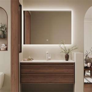 Tocador de baño de madera maciza con placa de <span class=keywords><strong>roca</strong></span> de color café <span class=keywords><strong>retro</strong></span> personalizado moderno con <span class=keywords><strong>lavabo</strong></span> y espejo de una pieza doblado en caliente - Product Image 4