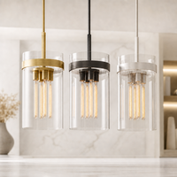 Luminaire suspendu moderne en verre cylindrique transparent avec finition en laiton pour hôtel, salle à manger et îlot de cuisine