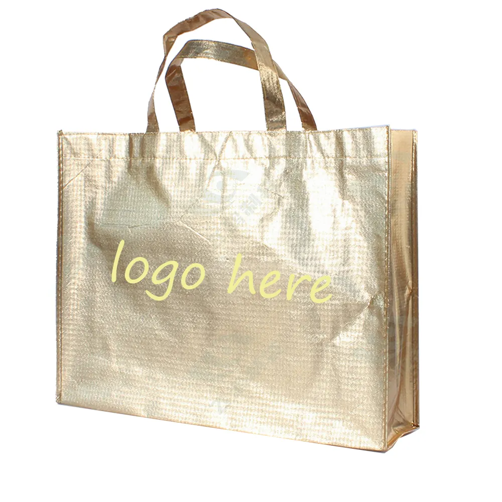高級ファッション卸売カスタム印刷ゴールドメタリック不織布防水ショッピングバッグ再利用可能なショッピングトートバッグ
